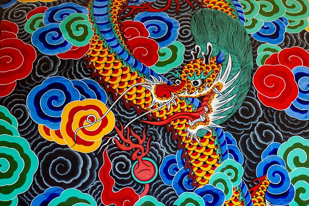 Closeup of colorful Korean Buddhist drum, Hiroshima, Japan